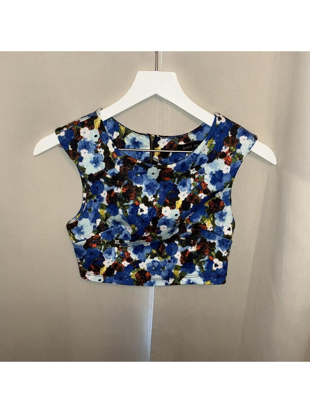 Haute Society Women’s Crop Top X-Small Blue Floral Sleeveless Fitted Back Zip